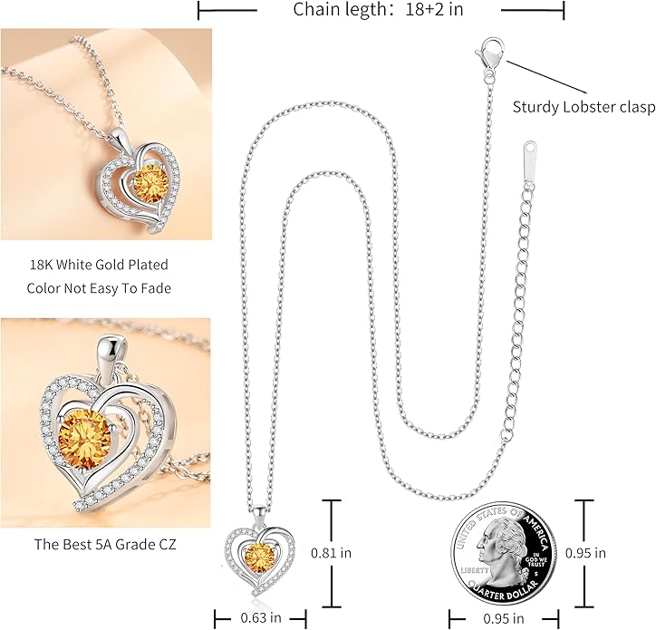 Heart Necklace, I Love You Always & Forever, Birthstone Cubic Zirconia Pendant, Gift for Women