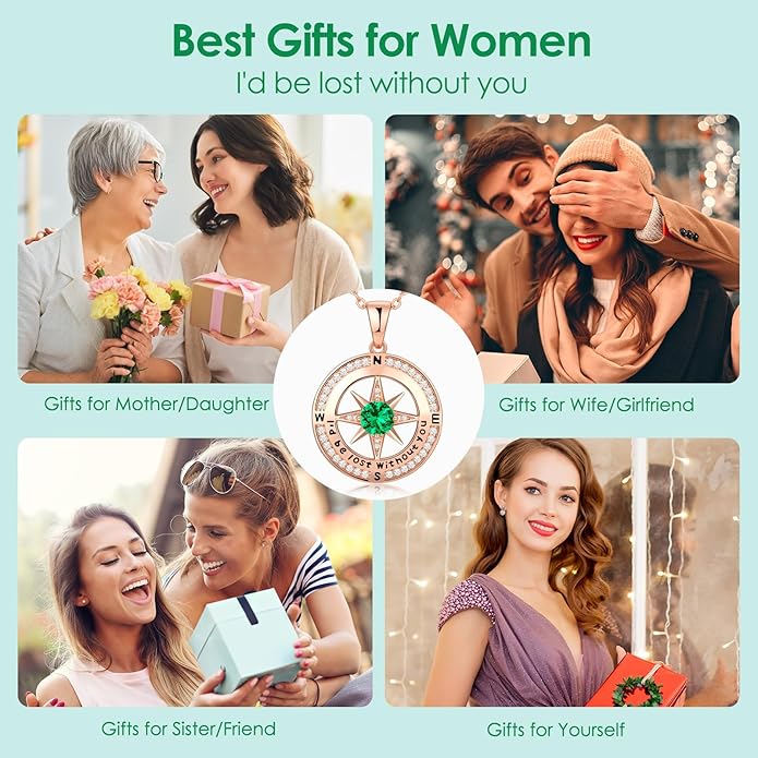 Compass Necklace Gifts for Women wife - S925 Sterling Silver Birthstone Necklaces for Women - Anniversary Birthday Gifts for Her Wife Girlfriend - Valentines Mom Mothers Day Christmas Gifts Jewelry for Women