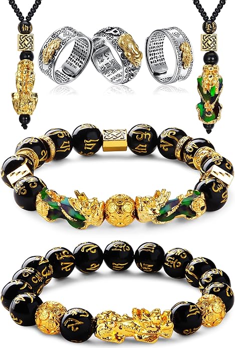 Fansilver 7 Pieces Feng Shui Bracelet Necklace Ring Set for Women Men Feng Shui Pi Xiu Mantra Ring Good Luck Black Obsidian Bracelet Adjustable Feng Shui wealth Necklaces Jewelry
