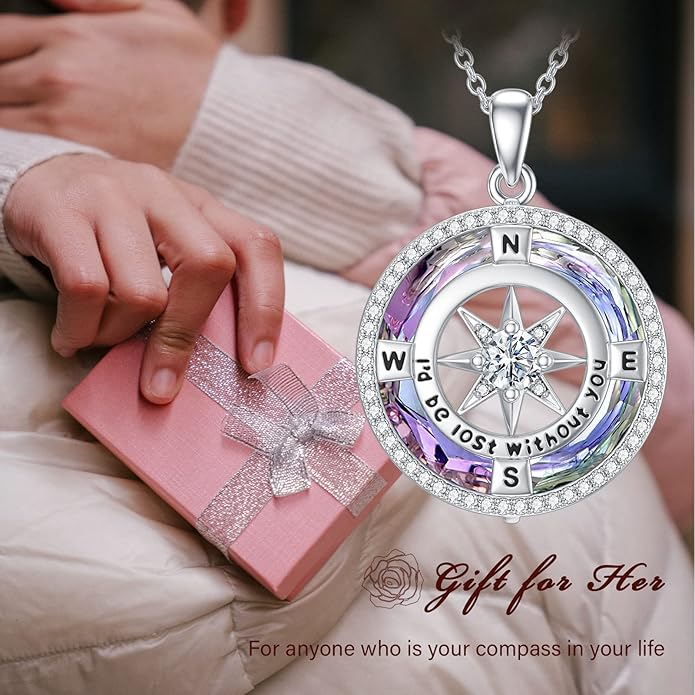 TOUPOP Compass Necklace for Women 925 Sterling Silver I'd be Lost without You Compass Pendant Birthstone Necklaces Anniversary Jewelry Birthday Gift for Girlfriend Wife Graduation Gifts for Her Daugthter