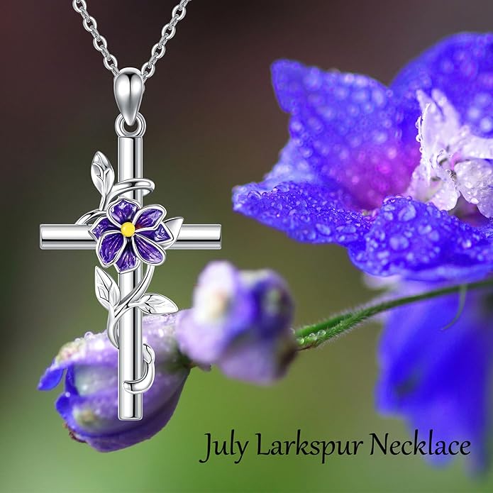 Flower Cross Necklace 925 Sterling Silver Carnation/Rose/Lily/Daisy Cross Necklace Birth Flower Jewelry for Women