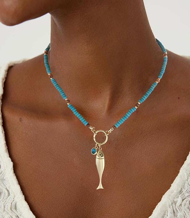CLASSYZINT Gold Fish Necklace Blue Bead Necklace Boho Ocean Necklace Summer Jewelry for Women