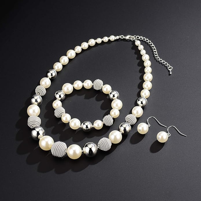 PEARL&CLUB Beaded Chunky Statement Necklace Earring and Bracelet Set Silver Metal Bead Fashion Jewelry Set Mothers’ Day Gifts for Women