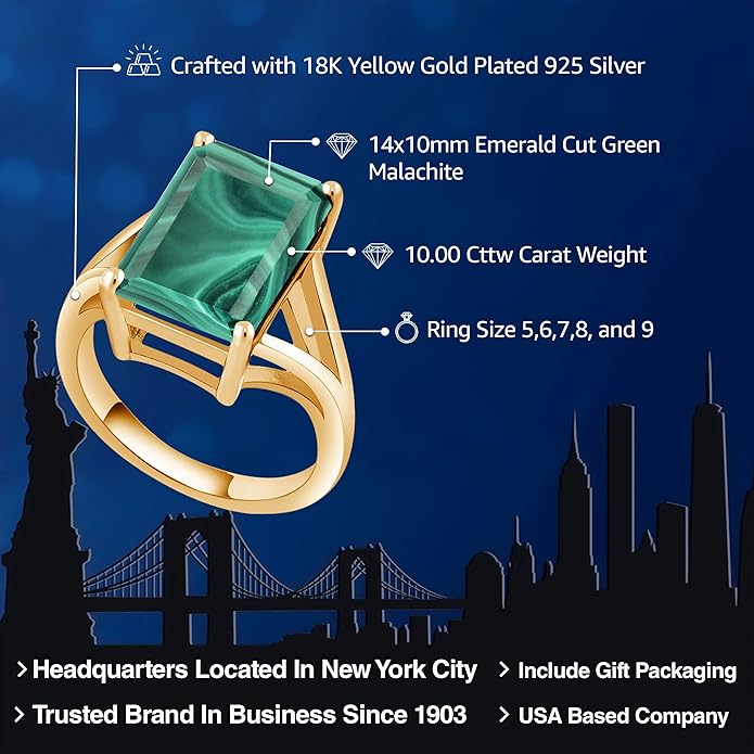 Gem Stone King 5-10 Cttw Gemstone Birthstone Solitaire Engagement Ring For Women | 18K Yellow Gold Plated Silver | 14X10MM Emerald Cut | Wedding Anniversary Ring | Available In Size 5, 6, 7, 8, 9