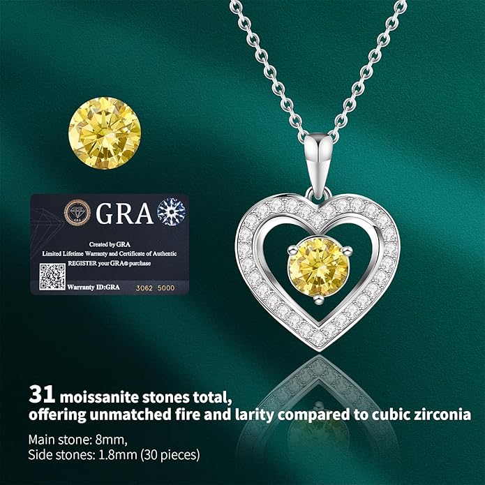 Full Moissanite Heart Necklace - No CZ! 2ct Vibrant Birthstone & 30 White Gems | 12 Month Gifts for Wife, Mom, Her | Anniversary, Valentine's Day, Mother's Day Jewelry