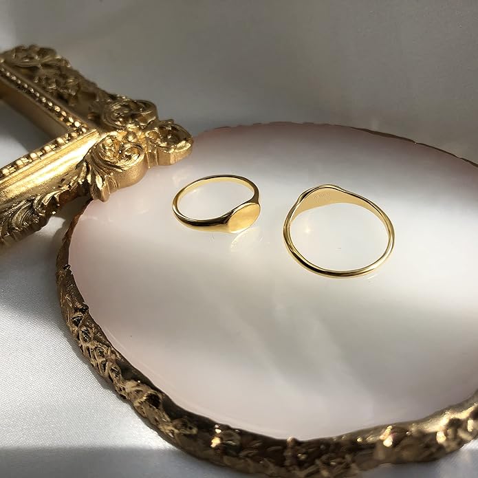 Kainier 14K Gold Plated Signet Rings Stackable Plain Slim Oval-shaped Thin Pinky Band for Women - 1.5mm Classic Dainty Cute Stacking Ring with Comfort Fit - Sizes 5-10