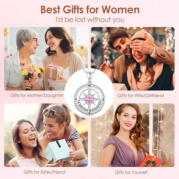 Compass Necklace Gifts for Women wife - S925 Sterling Silver Birthstone Necklaces for Women - Anniversary Birthday Gifts for Her Wife Girlfriend - Valentines Mom Mothers Day Christmas Gifts Jewelry for Women