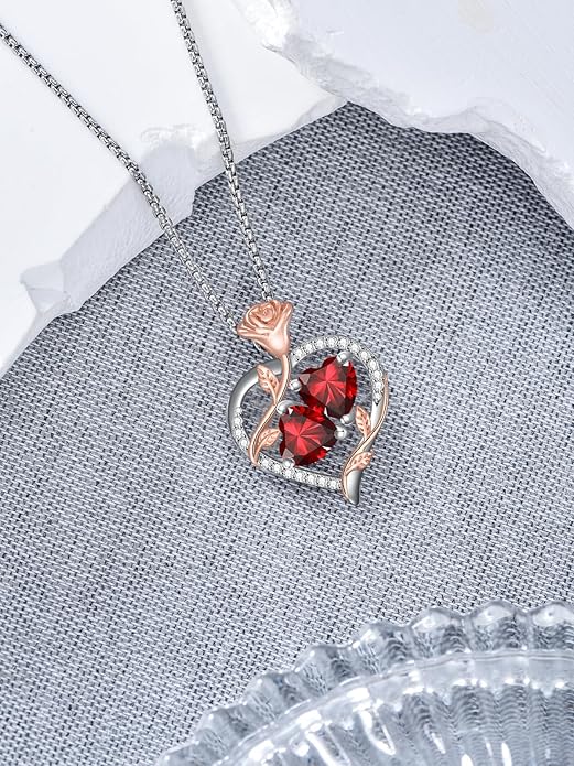 Jewelry for Her Double Heart Rose Birthstone Pendant Necklace Anniversary Jewelry Christmas Birthday Gifts for Women Wife Girlfriend