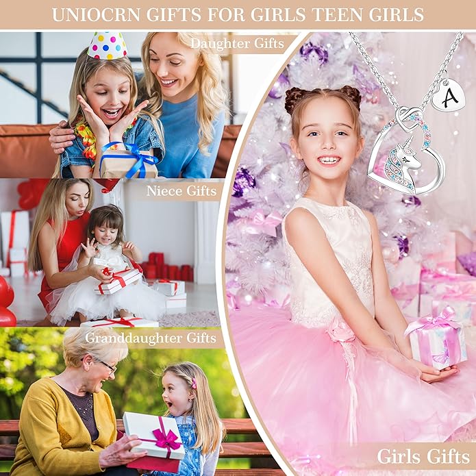 Hidepoo Unicorn Necklace Gifts for Girls Daughter - Colorful CZ Heart Pendant Initial Unicorn Necklaces for Girl Teens Little Girls Jewelry Birthday Gift