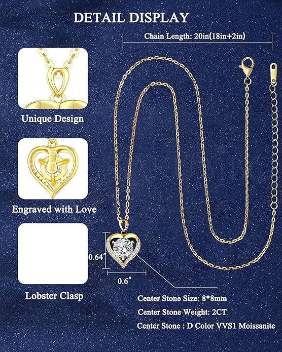 Moissanite Heart Pendant Necklace for Women,1-2 Carat Necklace Engraved with 'I LOVE YOU,18K Gold Plated Sterling Silver Pendant Jewelry Anniversary Birthday Gifts for Girlfriend Wife Mom