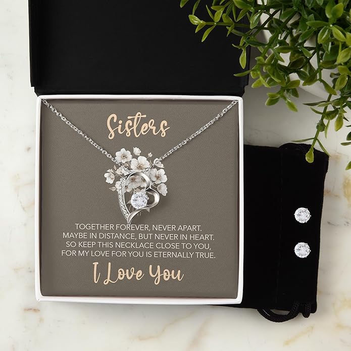 (USA-Assembled) Sisters Gift - Heart Necklace and Earring Set for Women Her Jewelry - Birthday Christmas Graduation College Female Black Box (id188)
