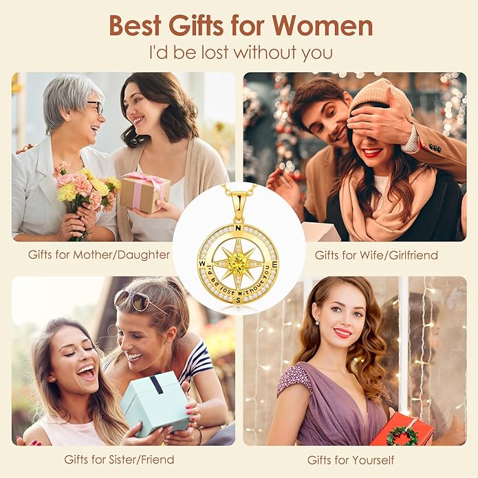 Compass Necklace Gifts for Women wife - S925 Sterling Silver Birthstone Necklaces for Women - Anniversary Birthday Gifts for Her Wife Girlfriend - Valentines Mom Mothers Day Christmas Gifts Jewelry for Women
