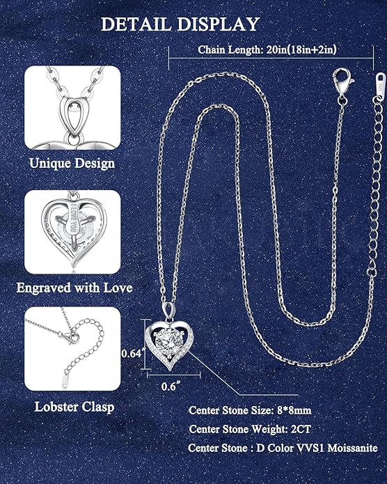 Moissanite Heart Pendant Necklace for Women,1-2 Carat Necklace Engraved with 'I LOVE YOU,18K Gold Plated Sterling Silver Pendant Jewelry Anniversary Birthday Gifts for Girlfriend Wife Mom