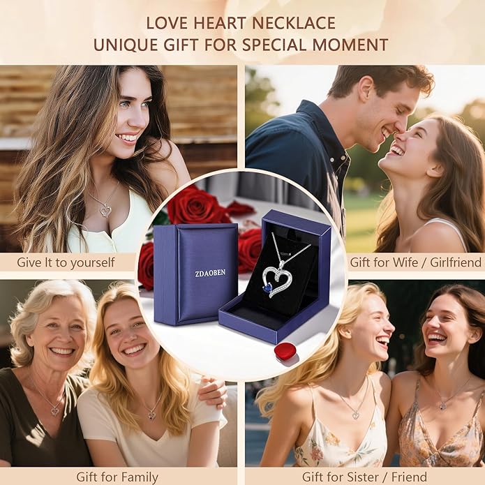 Love Heart Necklace for Women, 925 Sterling Silver Cubic Zirconia Diamond Heart Pendant Jewelry Gift for Mom, Mother, Wife, Girlfriend on Wedding, Birthday, Mother's Day, Chain 18 inch