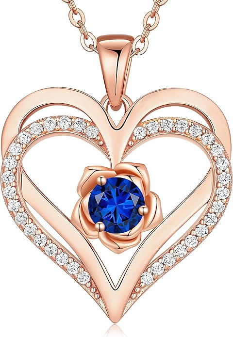 CDE S925 Silver Rose Gold Heart Birthstone Necklaces for Women，Ideal Anniversary or Birthday Jewelry Gifts for Wife Girlfriend Her