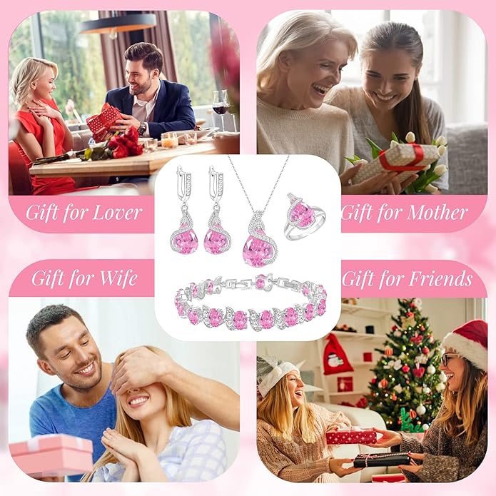 GZWHD Jewelry Set for Women Water Drop Cubic Zirconia Artificial Crystal Earrings Pendant Necklace Open Ring Tennis Bracelet Wedding Anniversary Birthday Engagement Gift for Bridesmaid Wife Girlfriend Friend