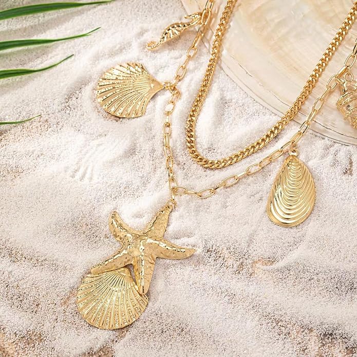 Choistily Charm Necklace Dainty Gold Western Outfit Beach Jewelry for Women Trendy Cowgirl Accessories for Women Gold Bow Sea Shell Pendant Necklace Preppy Stuff Summer Jewelry 2025