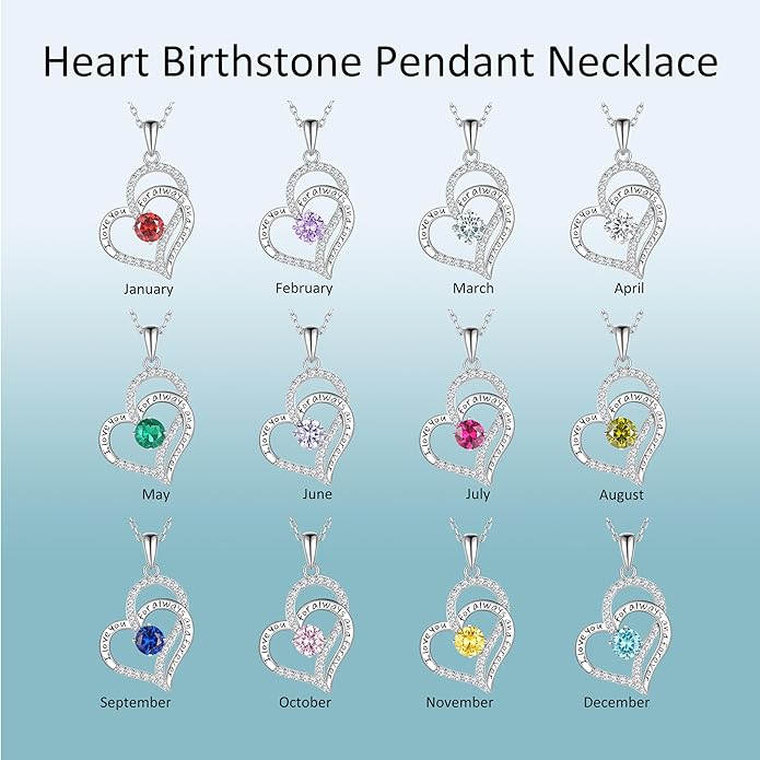 Heart Birthstone Silver Necklace for Women, S925 Sterling Silver Pendant Necklace Birthday Jewelry Gifts for Her Mother Mom Wife Girlfriend