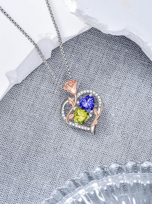 Jewelry for Her Double Heart Rose Birthstone Pendant Necklace Anniversary Jewelry Christmas Birthday Gifts for Women Wife Girlfriend