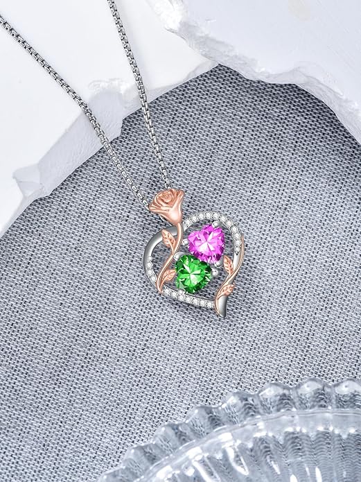 Jewelry for Her Double Heart Rose Birthstone Pendant Necklace Anniversary Jewelry Christmas Birthday Gifts for Women Wife Girlfriend