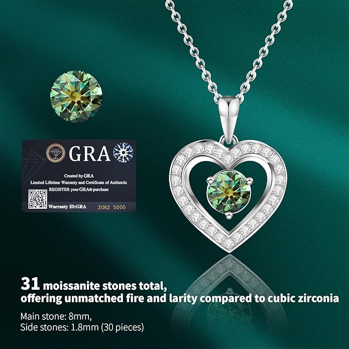 Full Moissanite Heart Necklace - No CZ! 2ct Vibrant Birthstone & 30 White Gems | 12 Month Gifts for Wife, Mom, Her | Anniversary, Valentine's Day, Mother's Day Jewelry