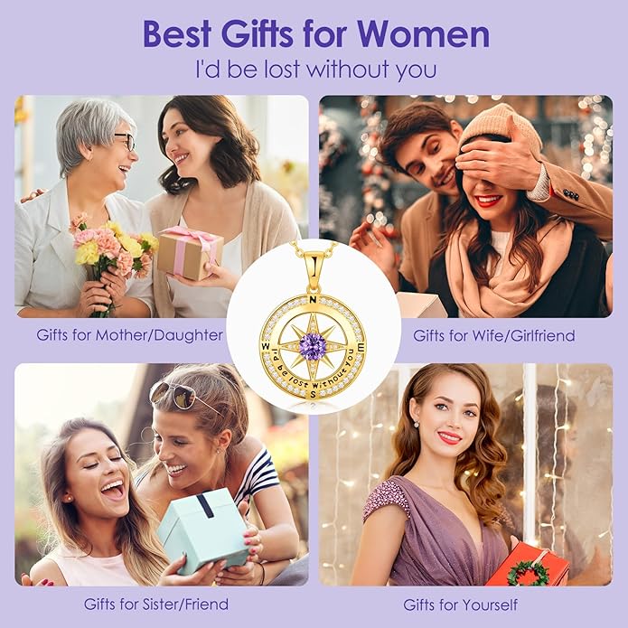 Compass Necklace Gifts for Women wife - S925 Sterling Silver Birthstone Necklaces for Women - Anniversary Birthday Gifts for Her Wife Girlfriend - Valentines Mom Mothers Day Christmas Gifts Jewelry for Women