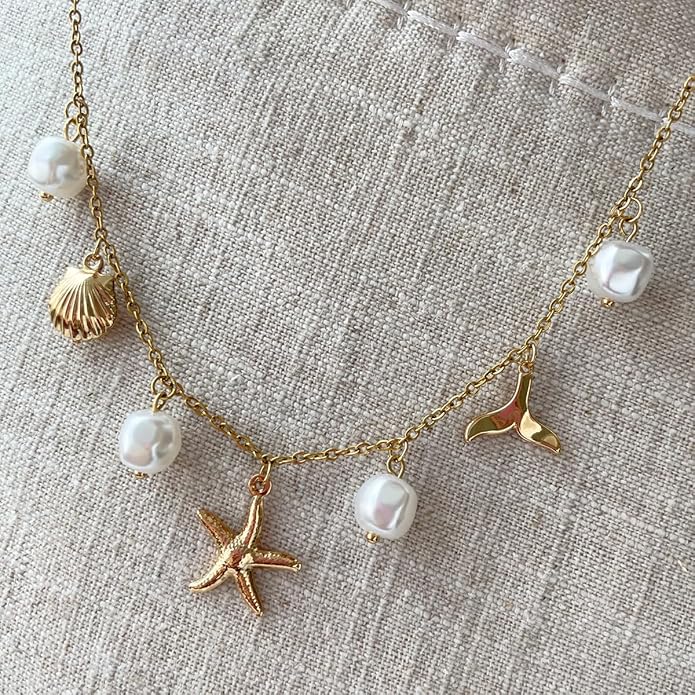 Charm Necklace for Women Pearl Starfish Seashell 14k Gold Summer Beach Surfer Jewelry Necklace Gifts