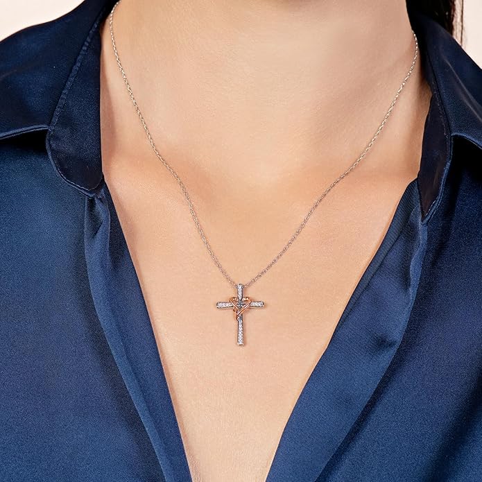 Jewelili Cross Heart Necklace Pendant in Yellow Gold or Rose Gold over Sterling Silver with 1/10 CTTW Natural White Round Diamonds and 18 inch Rope Chain