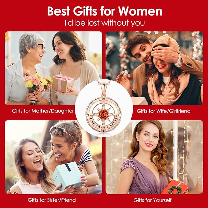 Compass Necklace Gifts for Women wife - S925 Sterling Silver Birthstone Necklaces for Women - Anniversary Birthday Gifts for Her Wife Girlfriend - Valentines Mom Mothers Day Christmas Gifts Jewelry for Women