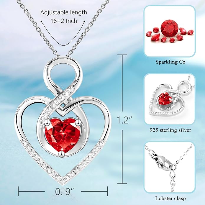 Heart Necklace for Women, 925 Silver Necklace with Infinity Heart Pendant, Personalized Birthstone Necklace Anniversary Birthday Gifts for Wife, Girlfriend, Mom