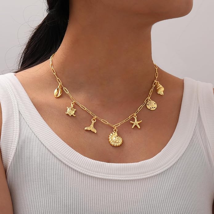 Charm Necklace for Women, 14K Gold Plated Shell Sun Starfish Summer Beach Necklace 16+3" Paperclip Chain Jewelry Gifts
