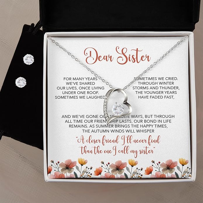 (USA-Assembled) To Sister Gift - Heart Necklace and Earring Set for Women Her Jewelry - Birthday Christmas Graduation College Female Black Box (id175)