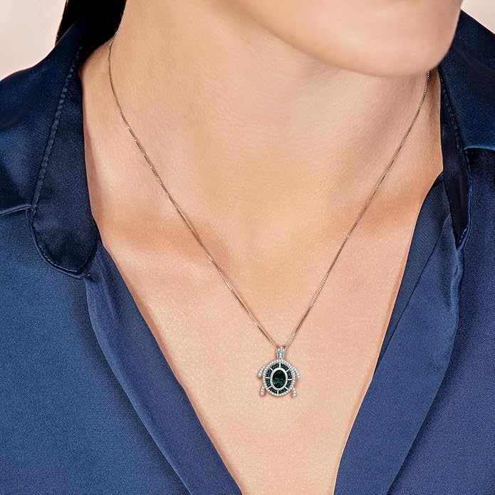 Jewelili Sterling Silver Turtle Birthstone Pendant Necklace | 7X5 MM Oval & 1.25 MM Round Cut Birthstone with Round Created White Sapphire Gemstones | 18" Box Chain | Luxury Jewelry Gift for Her | Gift Box Included