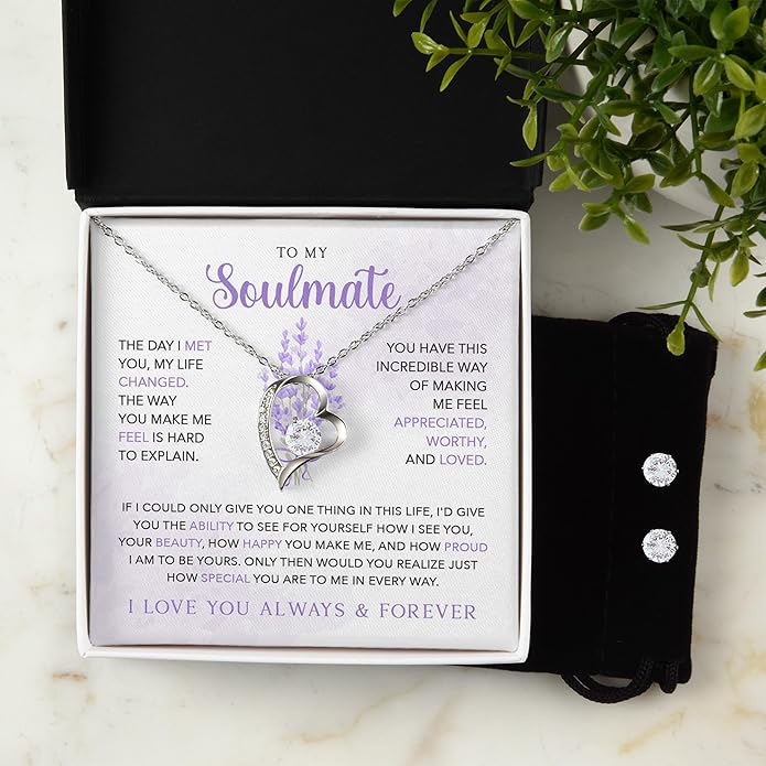 (USA-Assembled) To My Soulmate Gift - Womens Heart Necklace and Earring Set for Her Jewelry - Wedding Anniversary Valentines Day Birthday Engagement Christams Black Box (id157)