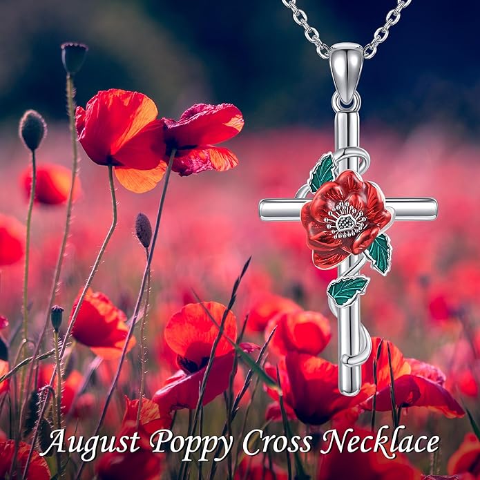 Flower Cross Necklace 925 Sterling Silver Carnation/Rose/Lily/Daisy Cross Necklace Birth Flower Jewelry for Women
