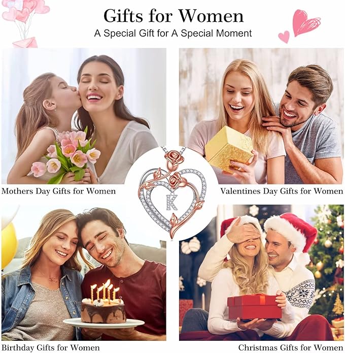 Iefil Rose Heart Necklaces Gifts for Women, 925 Sterling Silver Rose Heart Initial Letter Necklace for Her Mom Wife Girlfriend