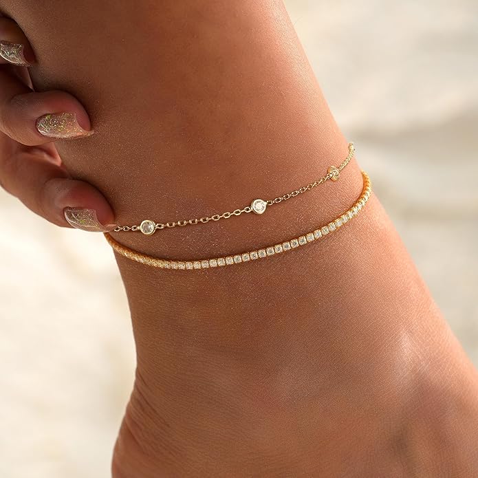 Ritach Ankle Bracelets for Women - Stainless Steel Silver/Gold Anklets for Women Waterproof Layered Cuban Link Figaro Chain Heart Anklets Set Summer Beach Jewelry Gifts