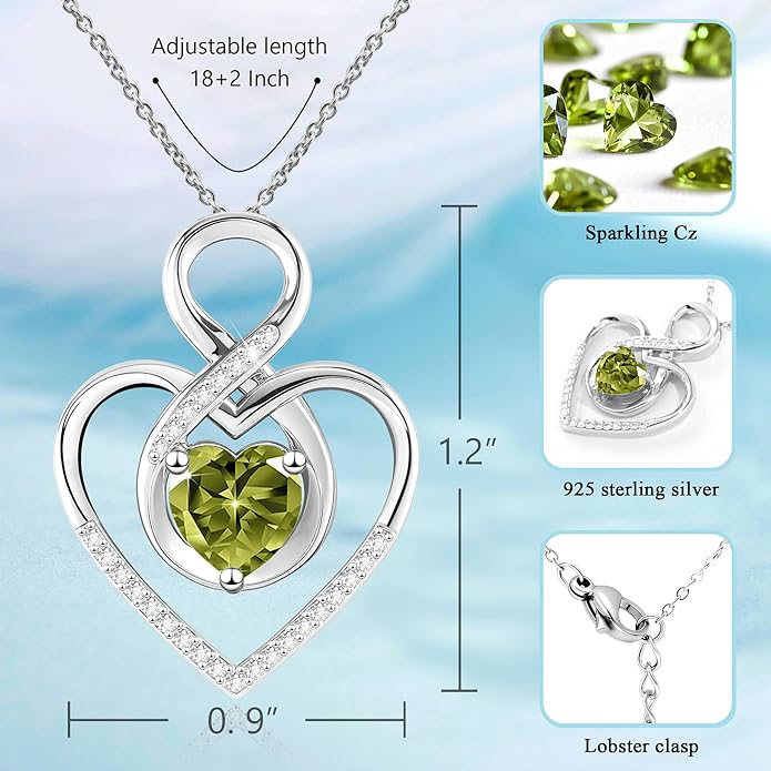 Heart Necklace for Women, 925 Silver Necklace with Infinity Heart Pendant, Personalized Birthstone Necklace Anniversary Birthday Gifts for Wife, Girlfriend, Mom