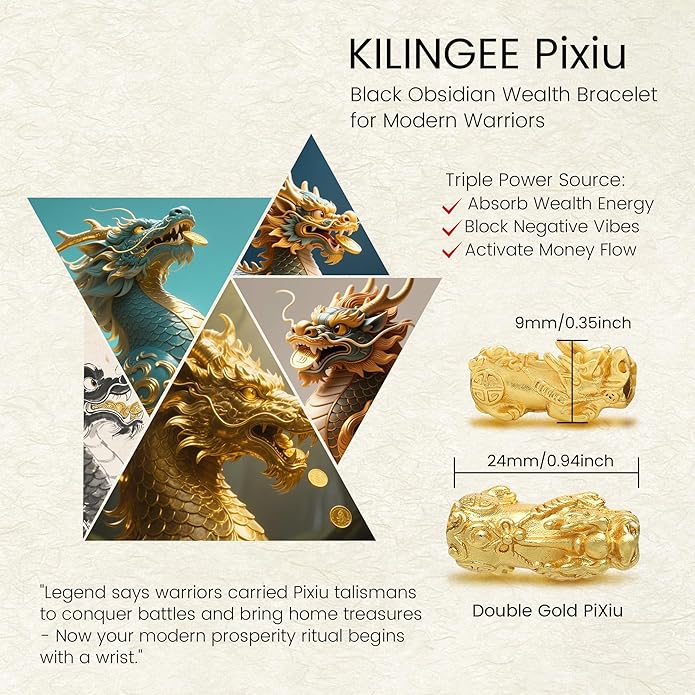 KINLNGEE Dual 24K Gold Plated Pixiu Feng Shui Obsidian Bracelet, Lucky Wealth Charm & Dragon Protection for Men/Women, Mantra Prayer Beads Bracelets, Protective Amulet Gift, Jewelry Gifts(10mm)