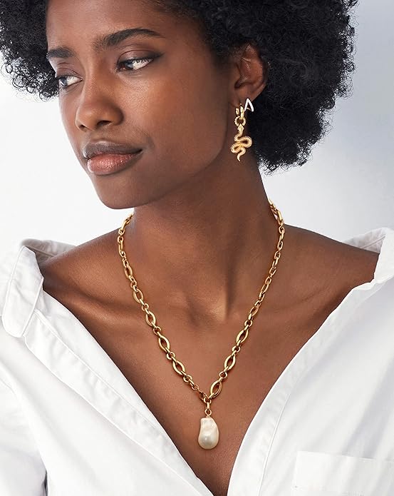 18k Gold Chain Link Necklace for Women, Baroque Pearl/Compass Pendant Necklace