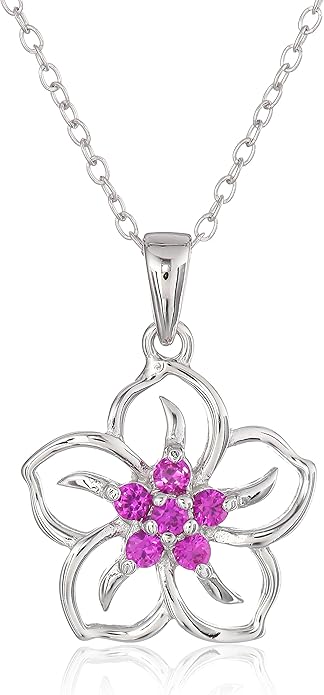 Amazon Essentials Genuine or Created Gemstone Birthstone Flower Pendant Necklace with Chain in Sterling Silver, 18" (previously Amazon Collection)
