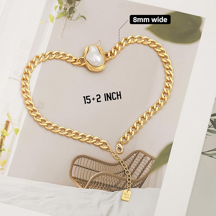 18k Gold Chain Link Necklace for Women, Baroque Pearl/Compass Pendant Necklace