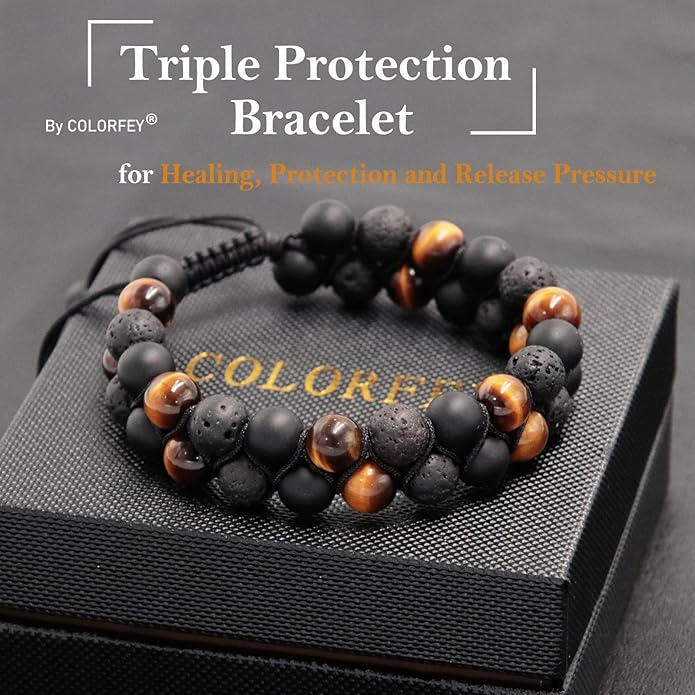 Triple Protection Bracelet for Men Women, Genuine Premium Tiger Eye Black Onyx and Lava Rock 8mm Handmade Bead Bracelet Healing Crystal Protection Bracelets Bring Luck and Prosperity and Happiness