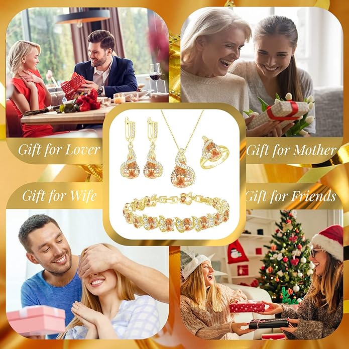 GZWHD Jewelry Set for Women Water Drop Cubic Zirconia Artificial Crystal Earrings Pendant Necklace Open Ring Tennis Bracelet Wedding Anniversary Birthday Engagement Gift for Bridesmaid Wife Girlfriend Friend