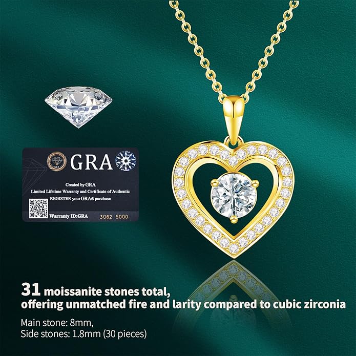 Full Moissanite Heart Necklace - No CZ! 2ct Vibrant Birthstone & 30 White Gems | 12 Month Gifts for Wife, Mom, Her | Anniversary, Valentine's Day, Mother's Day Jewelry