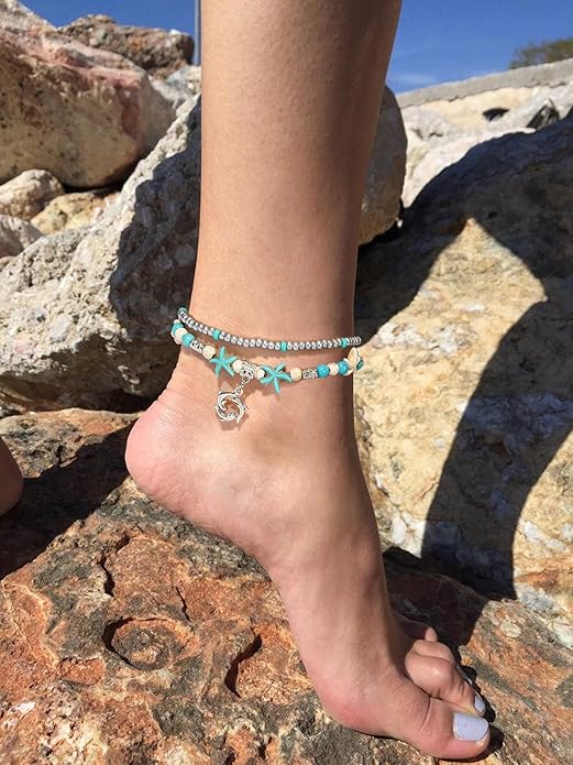 Starain Blue Turtle Anklets for Women Multilayer Beads Handmade Beach Ankle Bracelet Set Boho Foot Jewelry