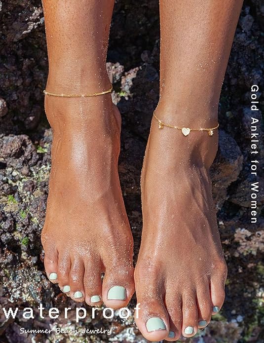 RLMOON Gold Anklets for Women CZ Ankle Bracelet 14K Gold Plated Waterproof Dainty Layered Tennis Heart Dot Chain Silver Clover Anklet Trendy Foot Jewelry
