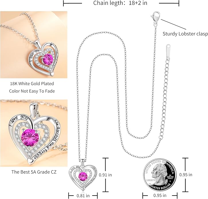 Heart Necklace, I Love You Always & Forever, Birthstone Cubic Zirconia Pendant, Gift for Women