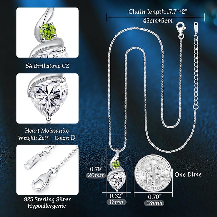 Moissanite Heart Pendant Necklaces for Women，925 Sterling Silver Gold Plating Necklace with Birthstone，Ideal Anniversary Present or Birthday Christmas Valentine Engagements Mothers Day Jewelry Gifts for Mom Wife Her Girlfriend