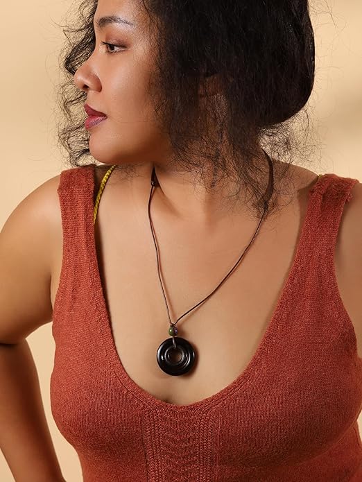 MINACHI Ethnic Boho Chic Double Wooden Ring Circle Necklace, Vintage Bohemian Summer Statement Jewelry Gift for Women